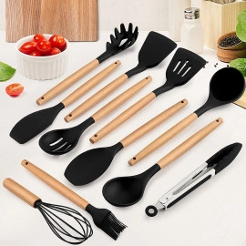 Non Stick Silicone Spatula Utensil Set for Kitchen Spoon Cookware Tool Set, 11Pcs (Black)