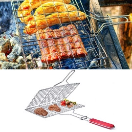 Mild Steel Portable Barbecue BBQ Grill Net Basket Roast Grilling Tray Plated with Wooden Handle 