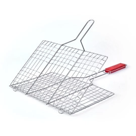 Mild Steel Portable Barbecue BBQ Grill Net Basket Roast Grilling Tray Plated with Wooden Handle 