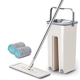 Floor Mop with Bucket Flexible Kitchen tap Flat Squeeze Cleaning Supplies 360 / Flexible Mop Head2 Reusable Pads Clean Home Floor Cleaner