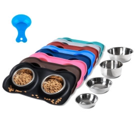 Pet Dog Bowls Stainless Steel Dog Bowl with No Spill Non-Skid Silicone Mat + Pet Food Scoop Water and Food Feeder Bowls for Feeding Small Medium Large Dogs Cats Puppies (S, Black)