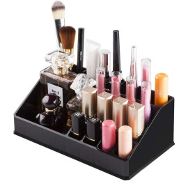 16 Compartment Cosmetic Display Cases Makeup Jewelry Lipstick Storage Organizer Holder Box, 21.2L x 12.5W x 7.8H cm. (Black) (Plastic)