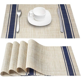 Heat-Resistant Placemats Stain Resistant Anti-Skid Washable PVC Table Mats Woven Vinyl Placemats 45x30 cm - Blue Line-Pack (2)