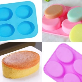 Silicone 6 Cavity Non Stick Egg Shape Soap Cake Chocolate Candy Muffin Bakeware Mould 6 Slot Oval Shape Mold for Chocolate, Cupcake, Dessets, Soap Cake Mould 6 Section [ Multicolor ]