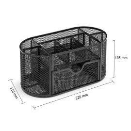 Office Supply Caddy, 8 Compartment + 1 Drawer Mesh Metal Multi-Function Office Desk Stationery Organizer Holder, for File folders, Stapler, Calculator, pens -Black