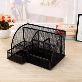 Office Supply Caddy, 8 Compartment + 1 Drawer Mesh Metal Multi-Function Office Desk Stationery Organizer Holder, for File folders, Stapler, Calculator, pens -Black