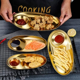 Stainless Steel Snack Plate Grid Oval Cutlery Sauce Plate Western Food French Fries Fried Chicken Dim Sum Plate Split Plate Oval Camping Adult Snack Plate (Gold)