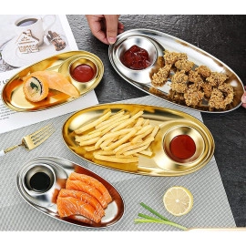 Stainless Steel Snack Plate Grid Oval Cutlery Sauce Plate Western Food French Fries Fried Chicken Dim Sum Plate Split Plate Oval Camping Adult Snack Plate (Gold)