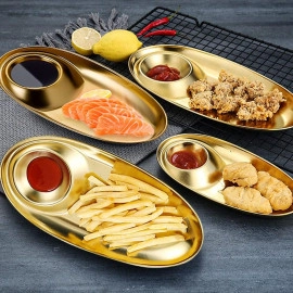 Stainless Steel Snack Plate Grid Oval Cutlery Sauce Plate Western Food French Fries Fried Chicken Dim Sum Plate Split Plate Oval Camping Adult Snack Plate (Gold)