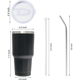 30oz Tumbler with Lids and Straws,Stainless Steel Vacuum Insulated Coffee Tumbler,Powder Coated Insulated Travel Mug with Leak-Proof Straw Lid & Flip Lid,1 Metal Straws,1 Brush(Black)