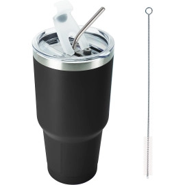 30oz Tumbler with Lids and Straws,Stainless Steel Vacuum Insulated Coffee Tumbler,Powder Coated Insulated Travel Mug with Leak-Proof Straw Lid & Flip Lid,1 Metal Straws,1 Brush(Black)