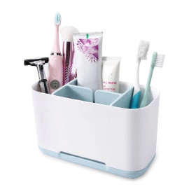 5 Compartment Toothbrush Holders for Bathrooms, Electric Toothbrush and Toothpaste Holder with Adjustable Dividers and Drainage, Toothbrush Organizer for Bathroom Countertop (White)