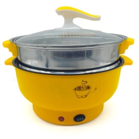 220V Electric Cooker with Frying Pan | Multifunctional Electric Hot Pot with Steamer | Household Non-stick Kitchen Tools | Large Capacity 2 Layer Electric Heating Pan | Cooking Rice Cooker Steamer Pot (YELLOW)