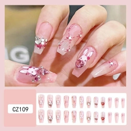 24Pcs Metallic Gradient Long Ballerina Press on Nails Pink Rabbit Style Fake Nails with Shiny Rhinestone Reusable False Nails Art Tips Manicure Decoration for Women, Girls, Wedding Gifts(1-Set)