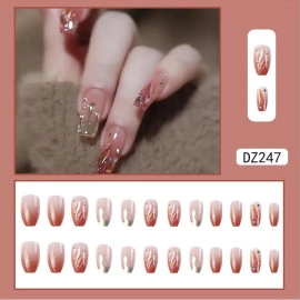 24Pcs Metallic Gradient Long Ballerina Press on Nails Pink Rabbit Style Fake Nails with Shiny Rhinestone Reusable False Nails Art Tips Manicure Decoration for Women, Girls, Wedding Gifts(1-Set)