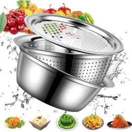 3-In-1 Multifunctional Stainless Steel Drain Basket Basin Set with Vegetable Chopper Layer Basin Bowl Kitchen Cheese Grater julienne peeler Colander Vegetable Salad Wash Basket (26cm, 3pcs Set)