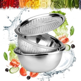 3-In-1 Multifunctional Stainless Steel Drain Basket Basin Set with Vegetable Chopper Layer Basin Bowl Kitchen Cheese Grater julienne peeler Colander Vegetable Salad Wash Basket (26cm, 3pcs Set)