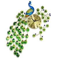 3D Metal Peacock Wall Hanging Clock Home Bedroom Decoration Silent Quartz Creative Elegant Luxurious Non Ticking Wall Clock Analog Dial Pad for Living Room (Golden Blue)