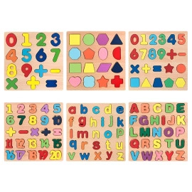 Hand Scraping Board Puzzle Number Alphabet Cognitive Early Education Toy Puzzle Wooden Alpha Numeric & Shapes Puzzles Learning Tool for Pre-Schoolers A to Z, 1 to 20 & Shapes (Pack of 6)