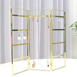 Metal Foldable 3-Panel Golden Jewellery Stand Decorative Gold Organizer Stand Holder Pendant Jewellery Display Rack For Necklaces/Rings/Earrings/Hanging Type Stand (Golden,1-Pcs)