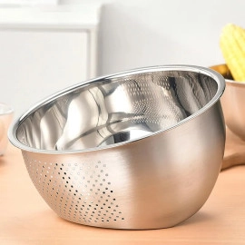 Stainless Steel 304 Food Grade 3-in-1 Bowls Vegetables Rice Washer with Side Drain Bowls Colander Strainer Basket Ideal for Kitchen Tools Vegetables, Rice, Fruits (26cm, Silver)