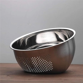 Stainless Steel 304 Food Grade 3-in-1 Bowls Vegetables Rice Washer with Side Drain Bowls Colander Strainer Basket Ideal for Kitchen Tools Vegetables, Rice, Fruits (26cm, Silver)