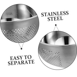 Stainless Steel 304 Food Grade 3-in-1 Bowls Vegetables Rice Washer with Side Drain Bowls Colander Strainer Basket Ideal for Kitchen Tools Vegetables, Rice, Fruits (26cm, Silver)