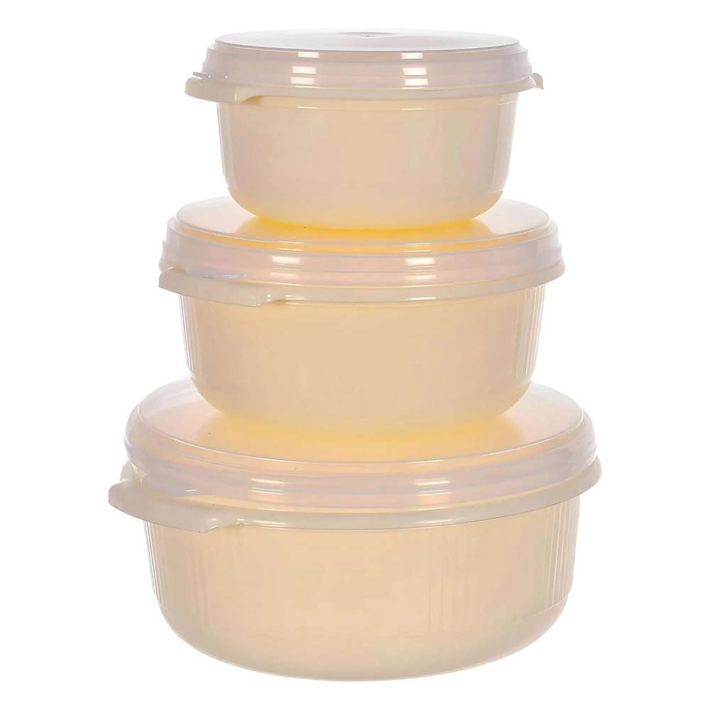 Food Grade, Microwave & Freezer Safe Plastic Bowls, Food Storage Container Set With Lid, Set of 3 (3200ml, 1800ml, 1000ml) (Cream)