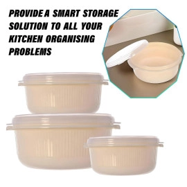 Food Grade, Microwave & Freezer Safe Plastic Bowls, Food Storage Container Set With Lid, Set of 3 (3200ml, 1800ml, 1000ml) (Cream)