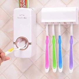 Hands Free Wall Mounted Plastic Dust Proof Automatic Toothpaste Dispenser and Detachable Hole 5 Toothbrush Holder, White