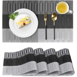 Placemats for Dining Table Heat Resistant Kitchen Table Mats Washable PVC Place Mats Stain Resistant Non-Slip Placemat (Black & Silver, 6)