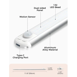 Under Cabinet Lights, 132 LED Rechargeable Battery Operated Motion Sensor Light Indoor, 2 Pack Magnetic Dimmable Closet Lights, Wireless Under Counter Lights for Kitchen, Stairs