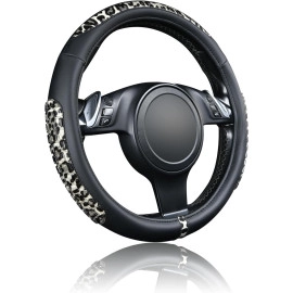 Leather Steering Wheel Cover for Women with Bling Bling Diamond Rhinestone Universal Fit 15 Inch Cute cow print Steering Wheel Cover (black-white) (37-38cm)