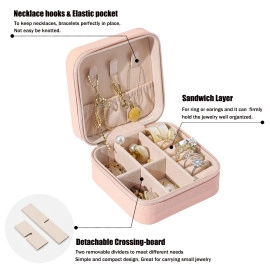 Mini Jewelry Travel Case, PU Leather Organizer Box, Small Portable Jewellery Storage Holder for Womens Rings Earrings Necklaces Bracelets (Pink)