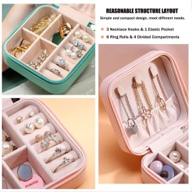 Mini Jewelry Travel Case, PU Leather Organizer Box, Small Portable Jewellery Storage Holder for Womens Rings Earrings Necklaces Bracelets (Pink)