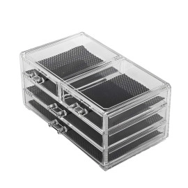 4 Compartment Luxurious Clear Acrylic Makeup Drawers Dressing Table Organizer Cosmetic Jewellery Storage Box with Removable Black Mesh Pad for Jewellery