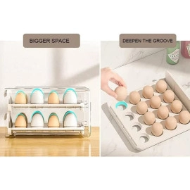 32 grid Egg Storage Box for Fridge, plastic egg holder for fridge 2 Layer Drawer Type egg holder for kitchen Egg Storage Egg Tray Box egg holder egg tray for fridge egg organiser(white)