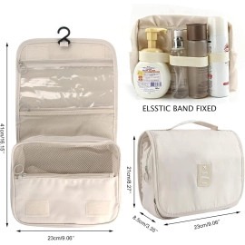 Hanging Toiletry Bag Extra Large Capacity Travel Organizer Bags For Men And Women Durable Waterproof Nylon Makeup Bag For Toiletries,Cosmetics, Brushes, 15 Cm, Beige