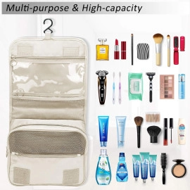 Hanging Toiletry Bag Extra Large Capacity Travel Organizer Bags For Men And Women Durable Waterproof Nylon Makeup Bag For Toiletries,Cosmetics, Brushes, 15 Cm, Beige