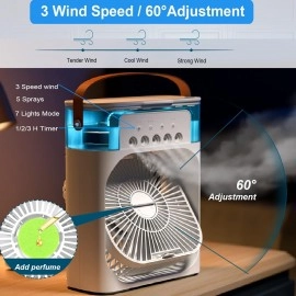 Portable Humidifier Air Cooler Mist Fan Mini Cooler For Home With 3 Speed Mode With Water Spray, 7 Color Led And Timer, Usb Personal Cooler Desk Fan (Usb Powered Mini Ac, White)