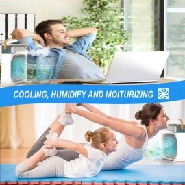 Portable Humidifier Air Cooler Mist Fan Mini Cooler For Home With 3 Speed Mode With Water Spray, 7 Color Led And Timer, Usb Personal Cooler Desk Fan (Usb Powered Mini Ac, White)