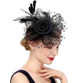 Black Fascinator Hats for Women, Flower Feathers Headband Hat with Mesh Veil, Cocktail Tea Party Headwear, Vintage Ladies Hair Clip Fascinators for Party Wedding Halloween