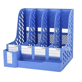 Desktop Magazine Holder Desk File Organizer 4 Compartments | Plastic Vertical File Dividers Book Holder & Cabinet Document Storage Rack (Blue - With Pen Stand), Tiered Shelf