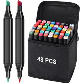 48 Pcs Dual Tip Alcohol Markers Set, Non-Toxic Art Supplies For Kids & Adults, Books Pen With Carry Case Set Colour Broad Drawing Sketching (48), Multicolor