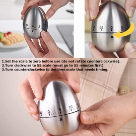 New Mechanical Egg Shape Kitchen Timer Stainless Steel Machinery Count Down Reminder Alarm Clock with 60 Minutes for Cooking （Silver，Egg Shape）