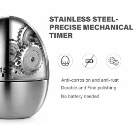 New Mechanical Egg Shape Kitchen Timer Stainless Steel Machinery Count Down Reminder Alarm Clock with 60 Minutes for Cooking （Silver，Egg Shape）