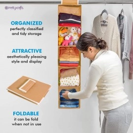 Clothes Hanging 4 Shelf Organizer, Wall Hanging Organiser, Compartment Clothes Storage Wardrobe Organizer, Non Woven Fabric + Engineered Wood Inside, Foldable Closet organizer, Grey