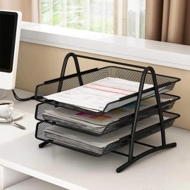 3 Tier Document, File, Paper, Letter, Office, Desktop Tray Organizer file organiser, 3 Tier Metal Mesh A4 Files Documents Papers Folders Holder Desk Organizer –(Black)