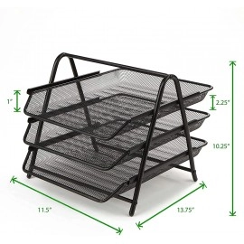 3 Tier Document, File, Paper, Letter, Office, Desktop Tray Organizer file organiser, 3 Tier Metal Mesh A4 Files Documents Papers Folders Holder Desk Organizer –(Black)