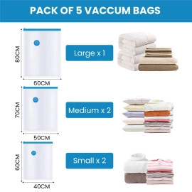 Space Saver (Pack of 5) Reusable Vacuum Storage Ziplock Compression Sealer Bags for Travel clothes and home Blankets, Quilts with hand Pump (2 Small + 2 Medium + 1 Large + Hand Pump)